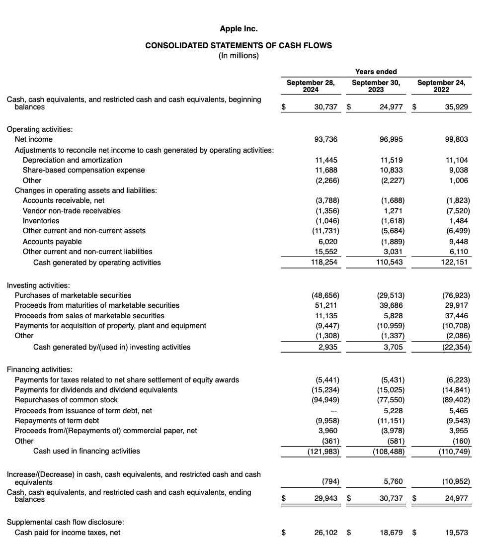 Apple Cash Flow Statement 2024