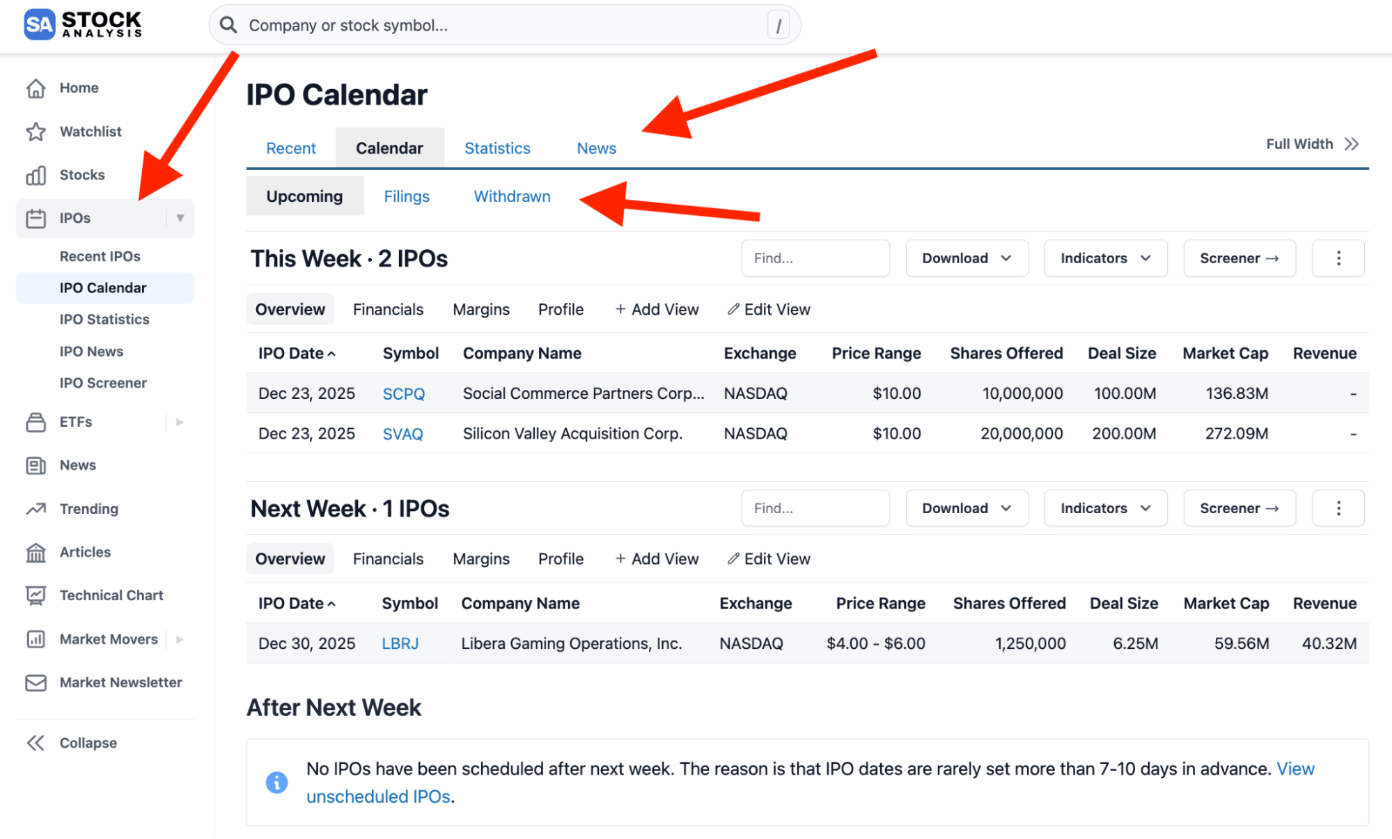 Stock Analysis Ipo Calendar Screenshot