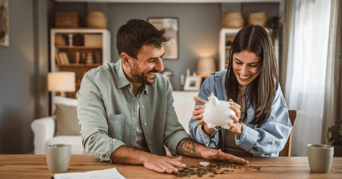 Man Woman Piggy Bank Emptying Smiling