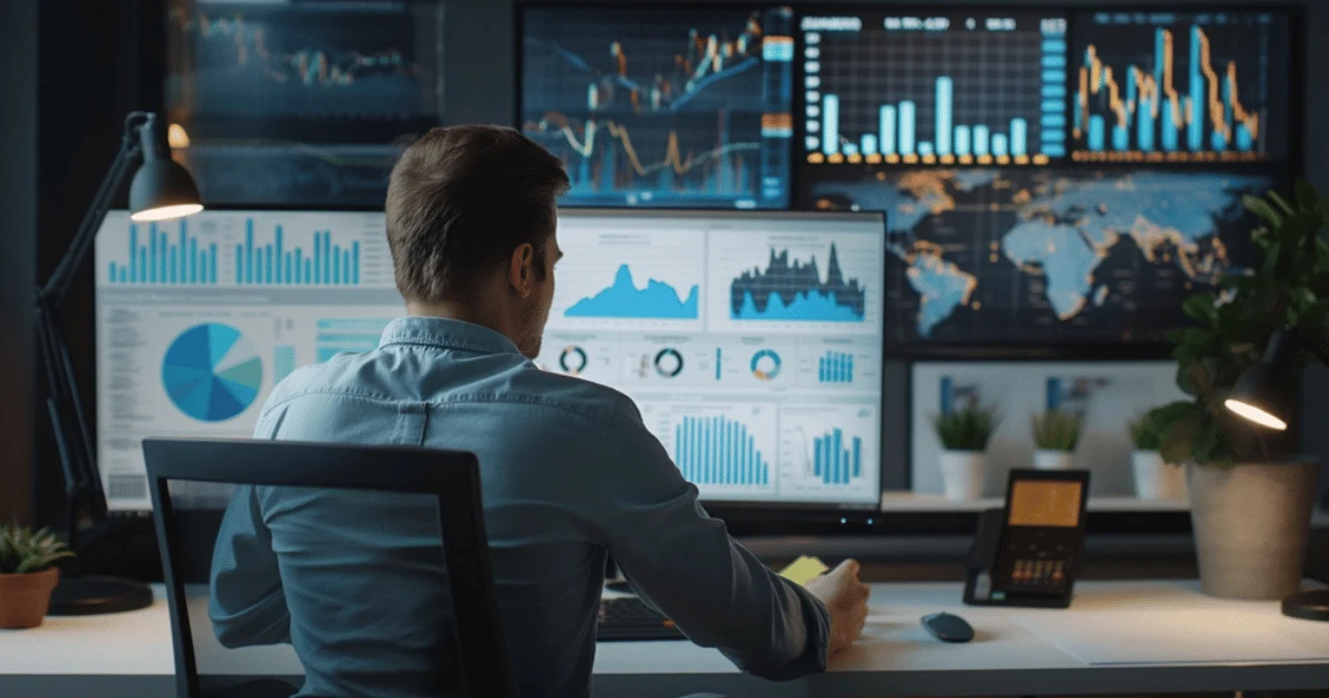 Man Sitting in Front of Many Screens Investing