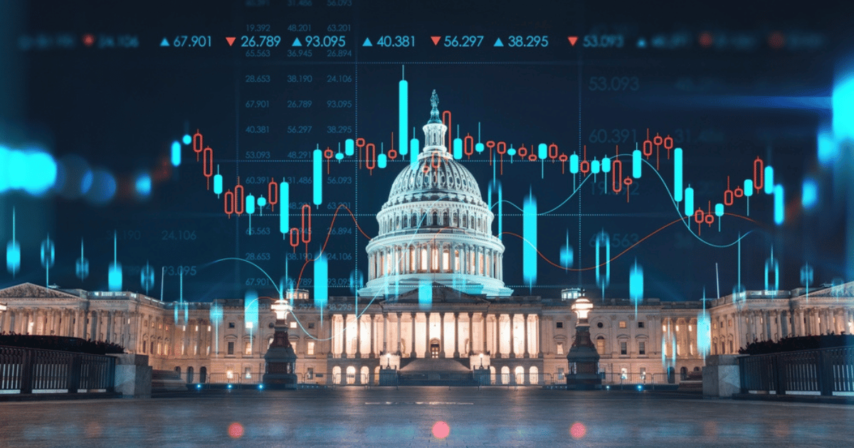 Capitol Building at Night With Stock Market Chart Overlay