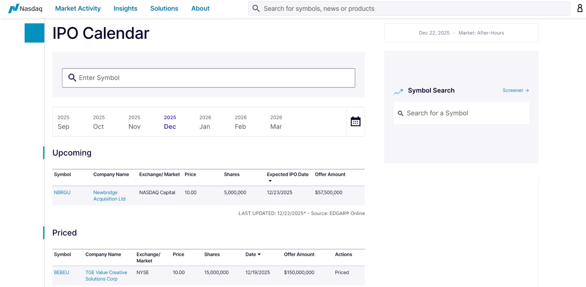 Nasdaq Ipo Calendar Screenshot