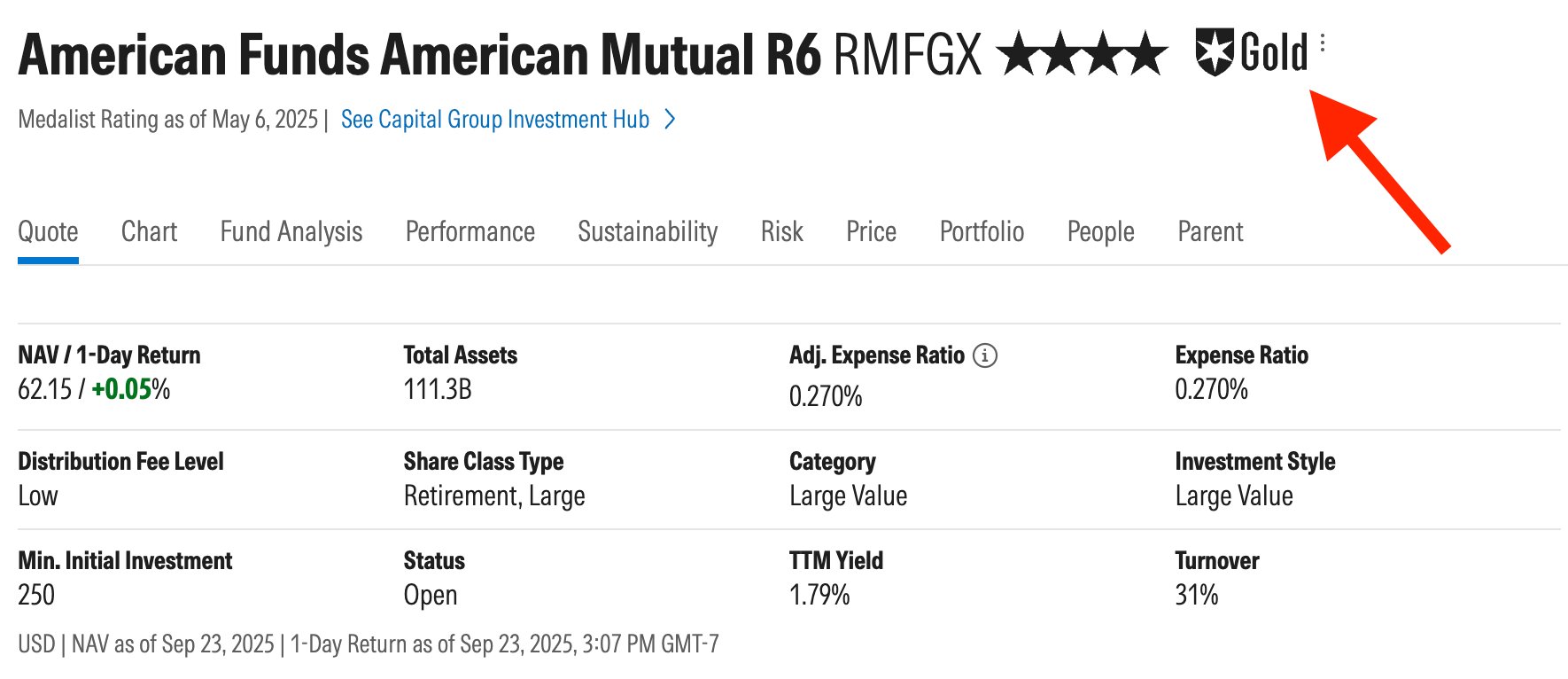 Morningstar American Funds Info Sreenshot