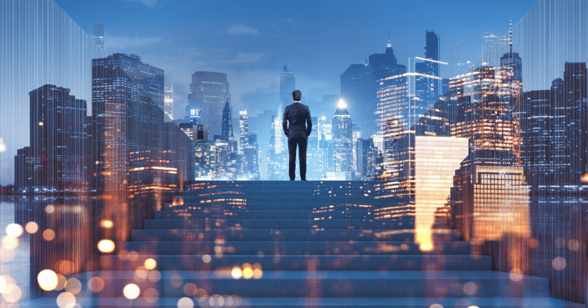 Man on Steps Looking at Cityscape