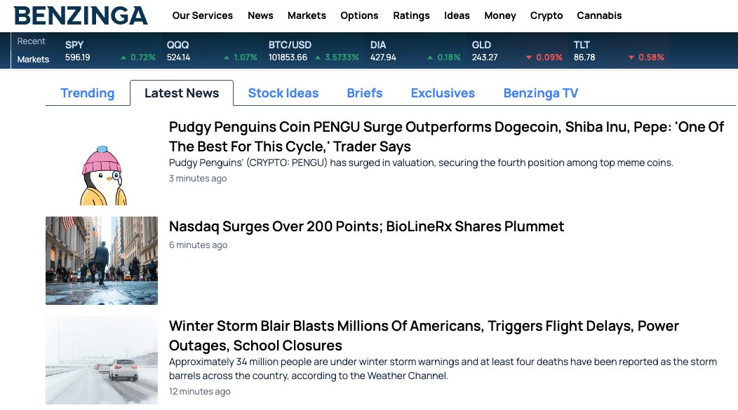 Benzinga News Feed Screenshot